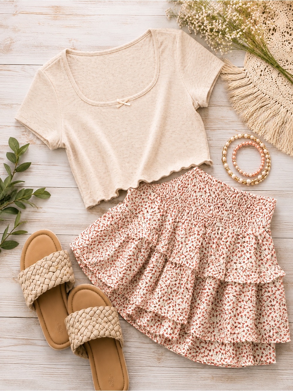 Cream Ribbed Crop Top + Floral Ruffle Skort Set 🌸